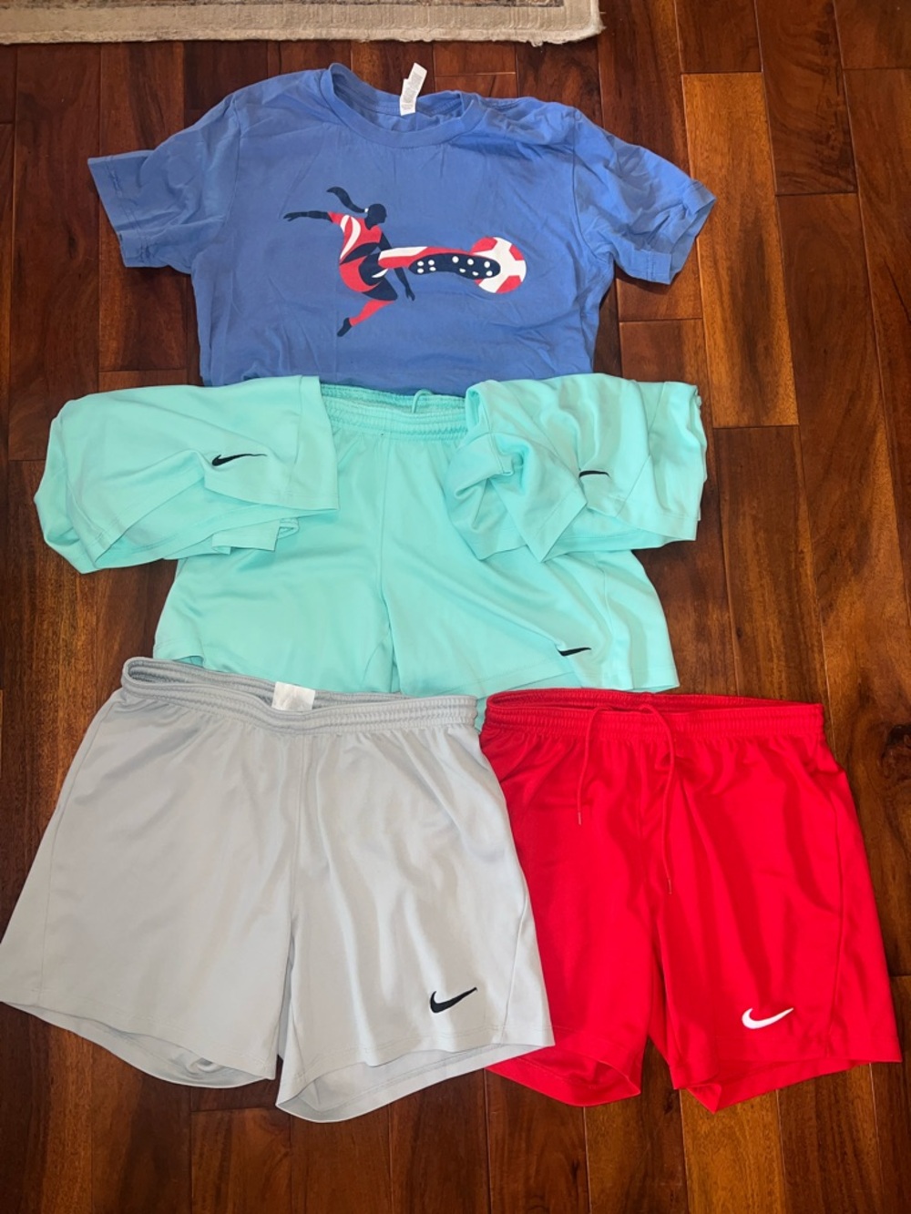Women’s Nike Active Soccer Tee and 5 Nike Shorts Set -3 Mint, Gray, Red